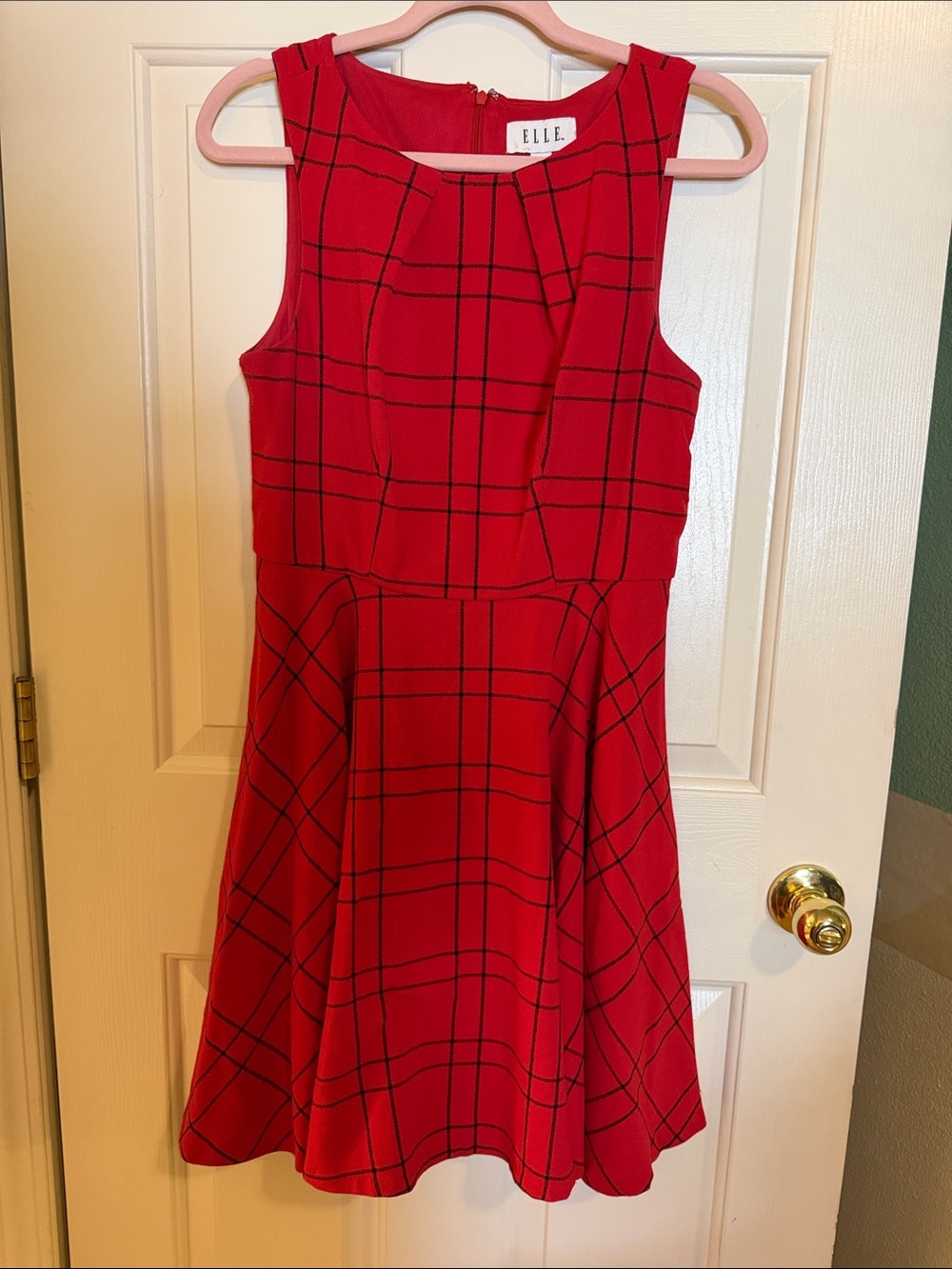 Elle Red Black Windowpane Sleeveless Fit & Flare Dress